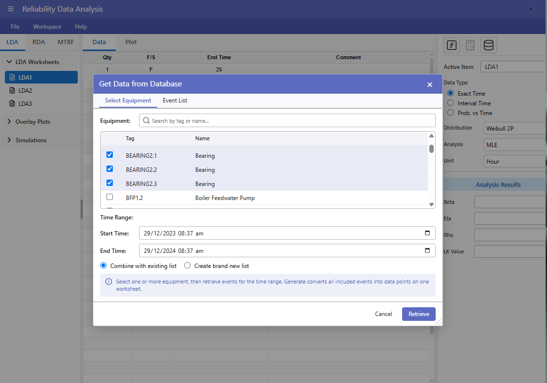 Retrieving equipment downtime events for Reliability Data Analysis