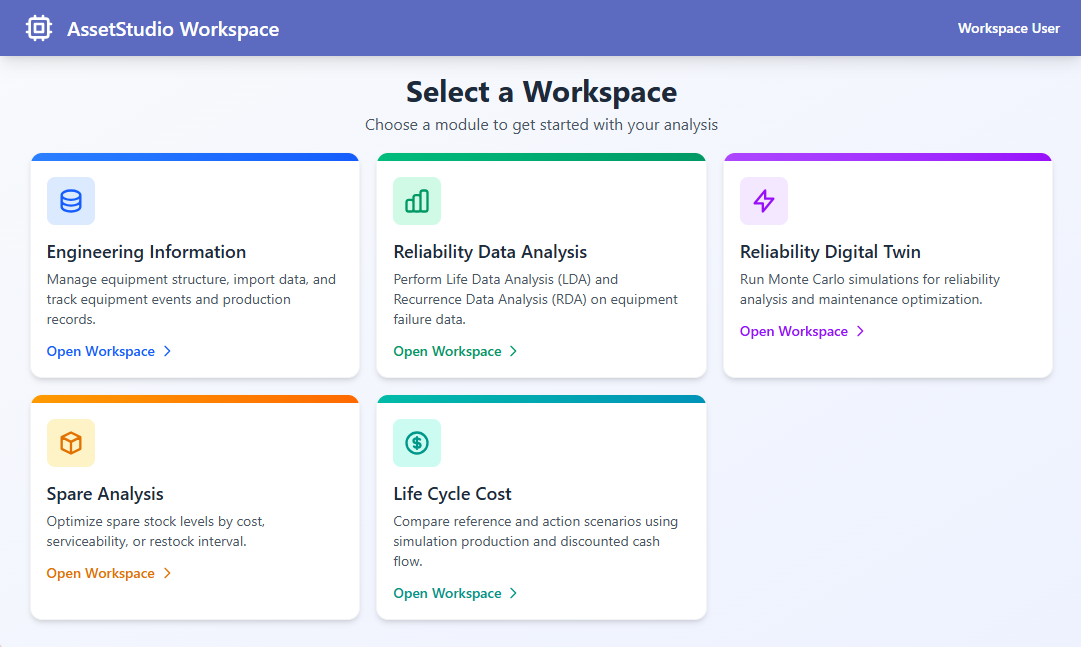 AssetStudio Workspace landing page showing five specialised engineering workspaces
